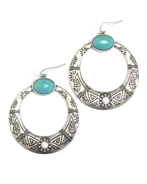 AZTEC TEXTURED TURQUOISE AND CRYSTAL HOOP DROP EARRING -western