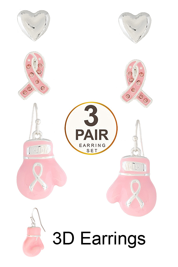 BREAST CANCER AWARENESS THEME EPOXY 3D EARRING 3 PAIR SET - PINK RIBBON BOXING GLOVE