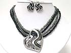 SEED BEADS AND METAL ART HEART PENDANT MULTI ROW SEED NECKLAE EARRING SET