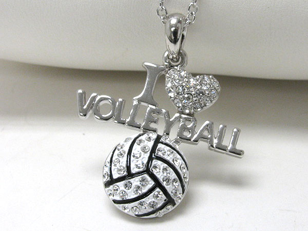 WHITEGOLD PLATING CRYSTAL STUD I LOVE VOLLEYBALL PENDANT NECKLACE