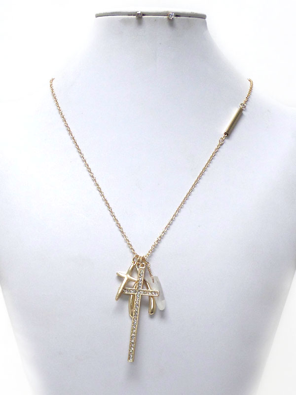 CRYSTAL CROSS AND WISH BONE LONG NECKLACE SET