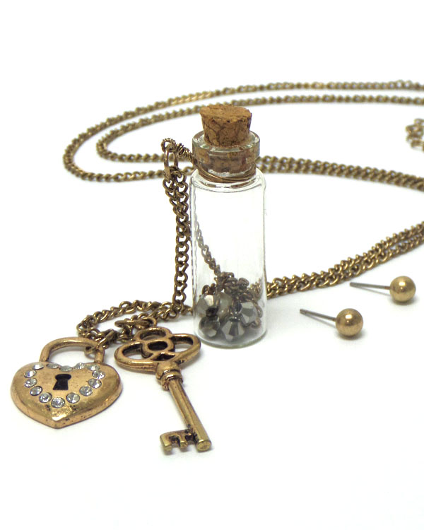 CRYSTAL HEART LOCK AND KEY AND BOTTLE LONG NECKLACE SET