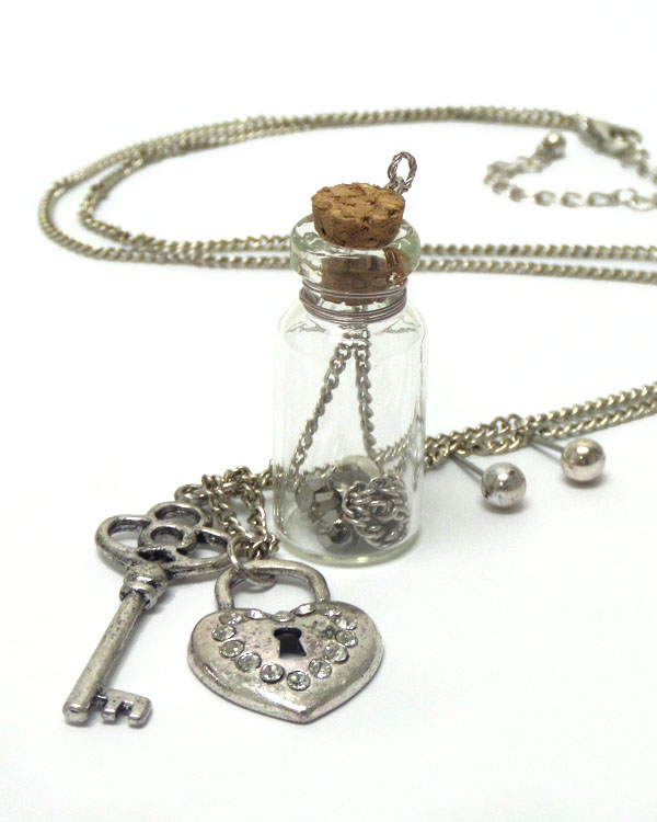 CRYSTAL HEART LOCK AND KEY AND BOTTLE LONG NECKLACE SET -valentine