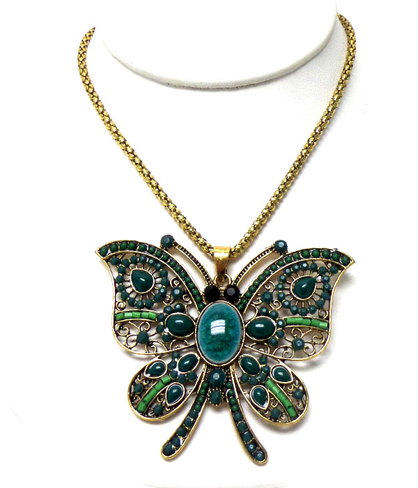 METAL BUTTERFLY WITH STONES AND BEADS NECKLACE 