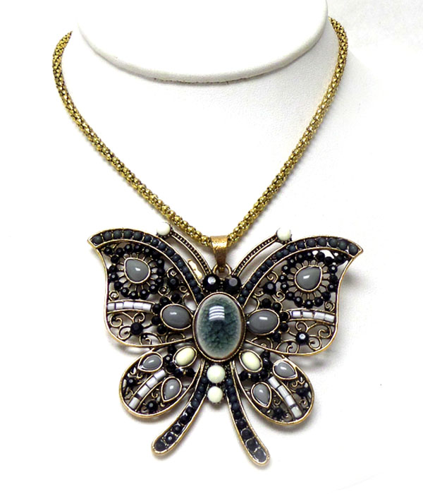METAL BUTTERFLY WITH STONES AND BEADS NECKLACE