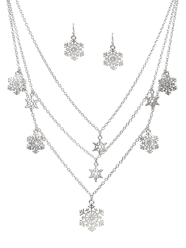 MULTI LAYER AND SNOWFLAKE CHARM DANGLE NECKLACE SET