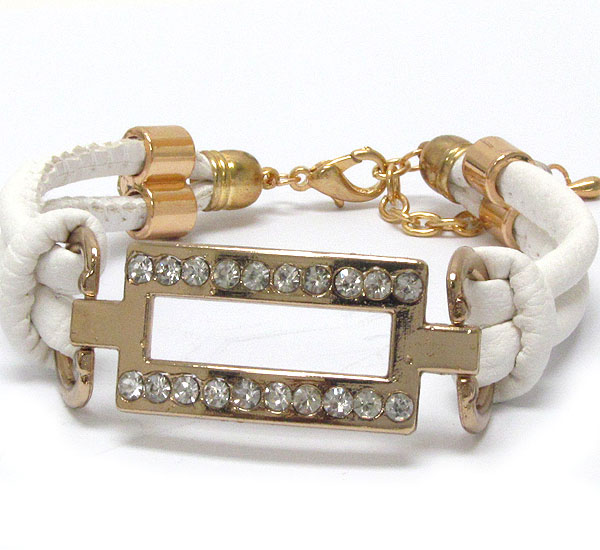 CRYSTAL DECO METAL SQUARE AND LEATHERETTE BAND TIE BRACELET