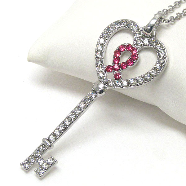 CRYSTAL PINK RIBBON AND HEART KEY PENDANT NECKLACE - BREAST CANCER AWARENESS