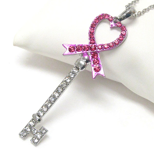 CRYSTAL PINK RIBBON DECO KEY PENDANT NECKLACE - BREAST CANCER AWARENESS