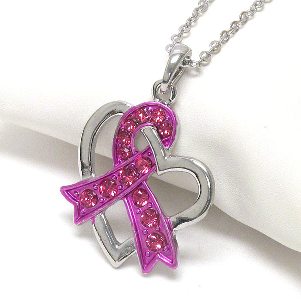 CRYSTAL PINK RIBBON AND HEART PENDANT NECKLACE - BREAST CANCER AWARENESS