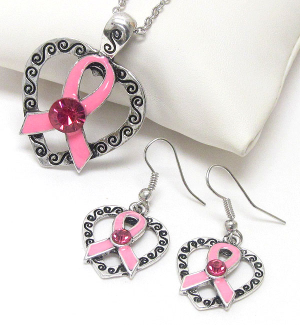 CRYSTAL CENTER AND EPOXY DECO PINK RIBBON AND HEART NECKLACE EARRING SET - BREAST CANCER AWARENESS