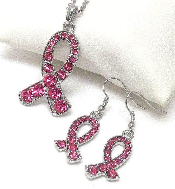 CRYSTAL PINK RIBBON NECKLACE EARRING SET - BREAST CANCER AWARENESS