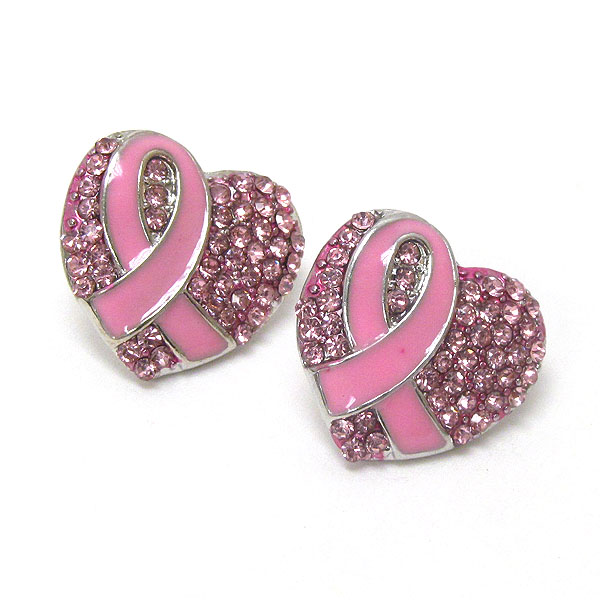 CRYSTAL AND EPOXY DECO PINK RIBBON AND HEART EARRING - BREAST CANCER AWARENESS