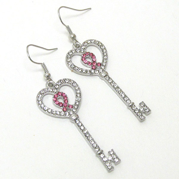 CRYSTAL PINK RIBBON AND HEART DECO KEY EARRING - BREAST CANCER AWARENESS
