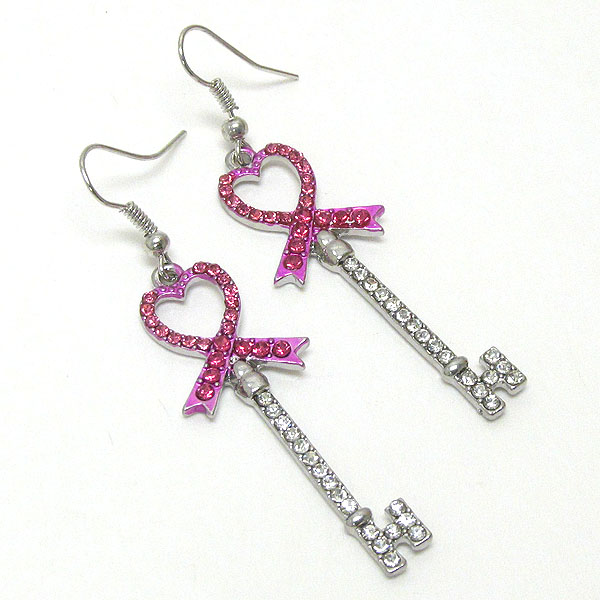 CRYTAL PINK RIBBON DECO KEY EARRING - BREAST CANCER AWARENESS