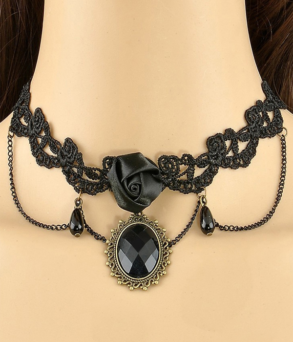 HANDMADE RETRO GOTHIC STEAMPUNK ROSE AND LACE CHOCKER NECKLACE