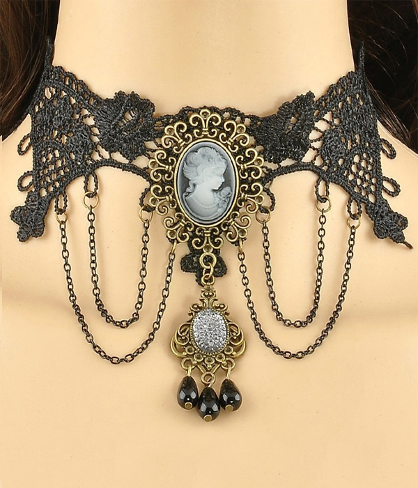 HANDMADE RETRO GOTHIC STEAMPUNK CAMEO AND LACE CHOCKER NECKLACE