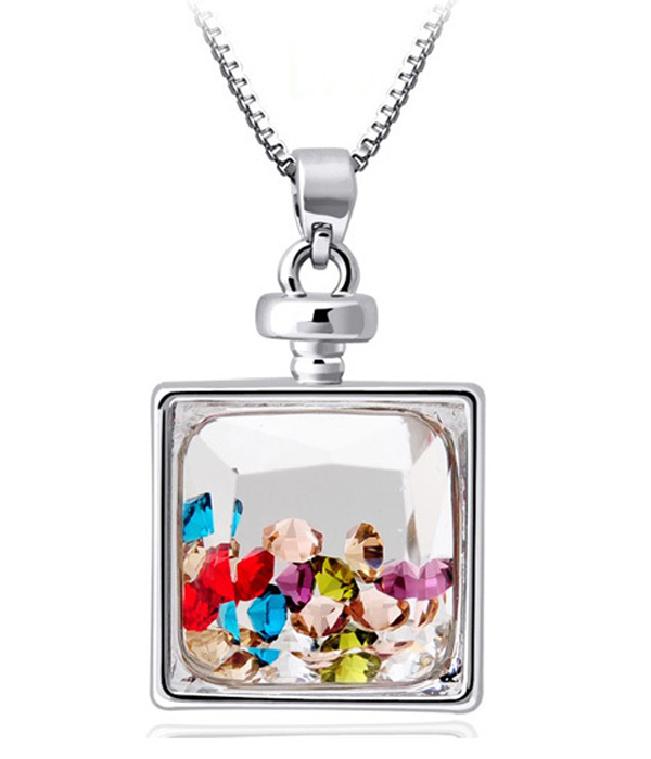 VINTAGE PERFUME BOTTLE GLASS AND FLOATING CRYSTAL PENDANT NECKLACE - SQUARE
