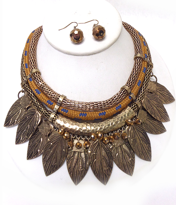 TUBE CHAIN AND ROPE METAL LEAVES DROP NECKLACE SET