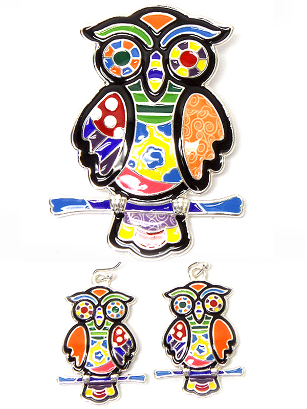 ROMERO BRITTO INSPIRED OWL PENDANT AND EARRING SET