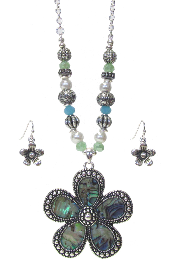 ABALONE PENDANT AND MIX BEAD NECKLACE SET - FLOWER