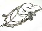 MULTI FILIGREE HEART DANGLE MULTI ROW METAL CAHIN LONG NECKLACE EARRING SET