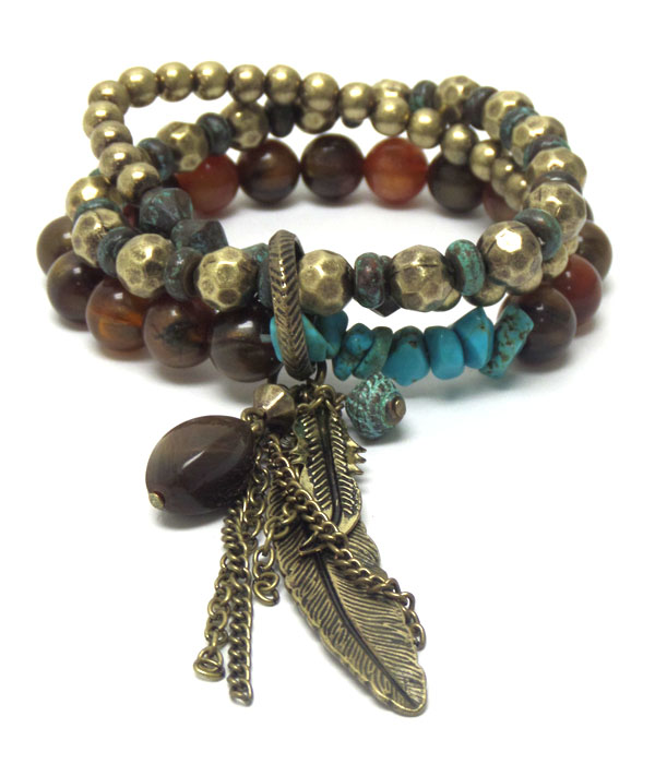 DOUBLE LAYER BEADS AND STONES FEATHER BRACELET 