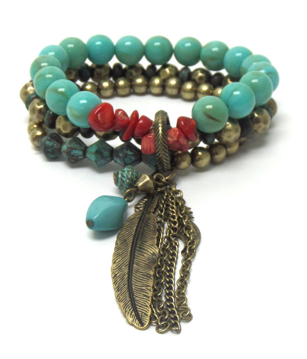 DOUBLE LAYER BEADS AND STONES FEATHER BRACELET