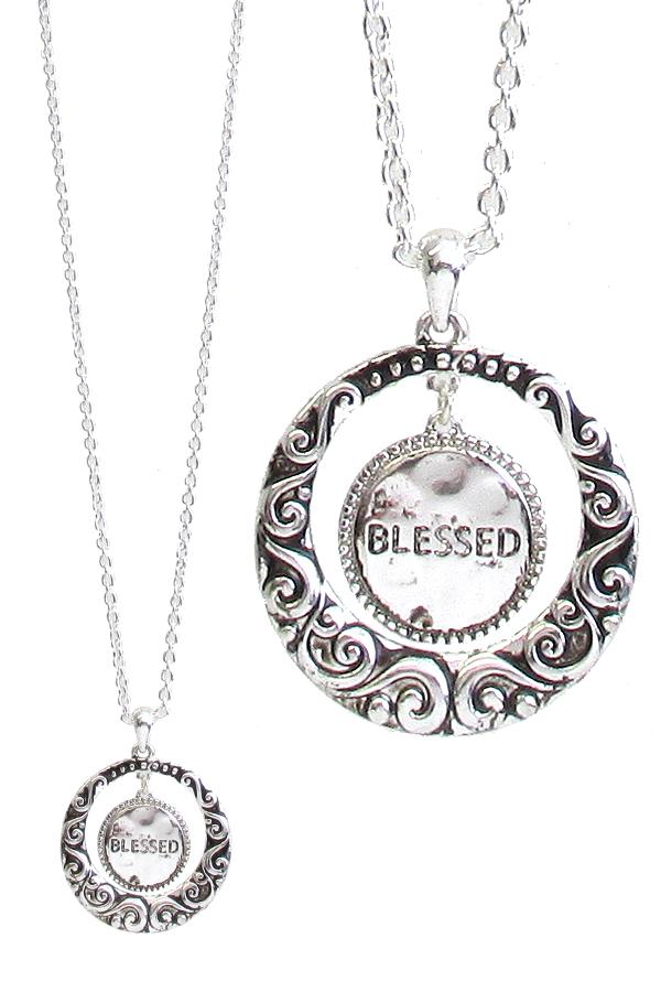RELIGIOUS INSPIRATION DESIGNER TEXTURED RING PENDANT NECKLACE - BLESSED