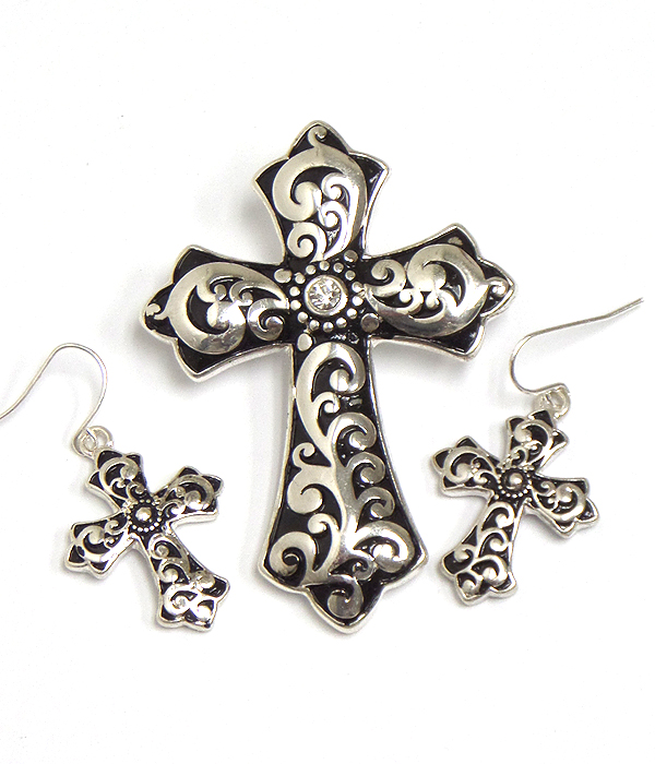 CRYSTAL CENTER AND TAILORED CROSS PENDANT AND EARRING SET
