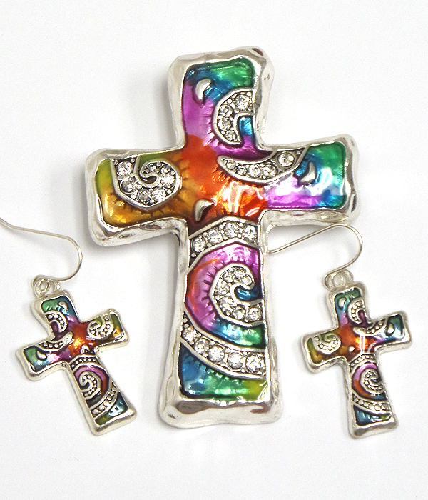 CRYSTAL AND ART PAINTED CROSS PENDANT AND EARRING SET