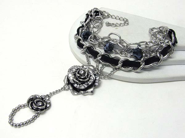 CRYSTAL DECO METAL ROSE AND SUEDE CHAIN BRACELET