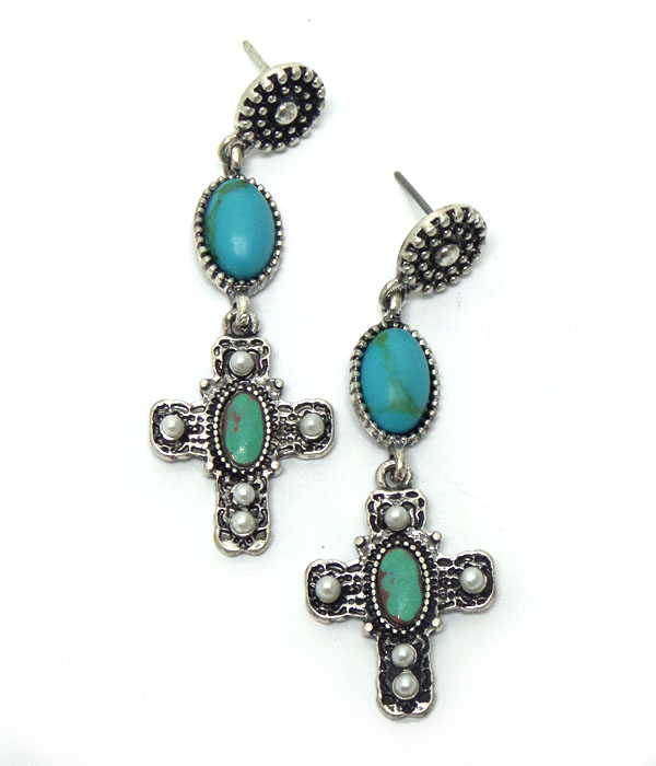TURQUOISE CROSS ANTIQUE SILVER EARRING