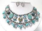 MULTI NATURAL STONE AND ANTIQUE STYLE METAL CHARM DANGLE NECKLACE EARRING SET