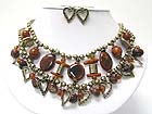 MULTI NATURAL STONE AND ANTIQUE STYLE METAL CHARM DANGLE NECKLACE EARRING SET