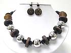 WOOD DISK AND METALLIC BALL LINK NECKALCE EARRING SET