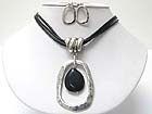 NATURAL STONE DANGLE AND METAL ART PENDANT CORD NECKLACE EARRING SET