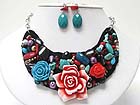 ACRYL FLOWER WITH TURQUOISE AND MIXED NATURAL STONE AND BEADS DECO BIB STYLE NECKLACE EARRING SET