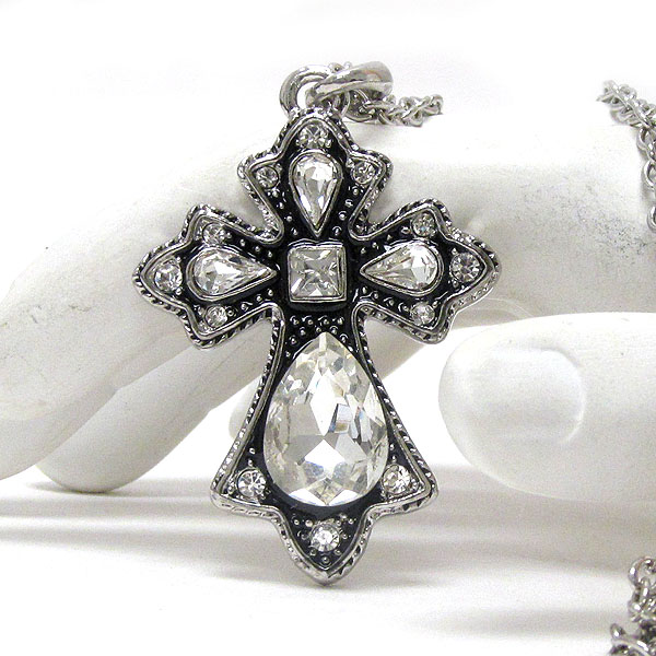 CRYSTAL AND GLASS DECO WESTERN CROSS PENDANT NECKLACE