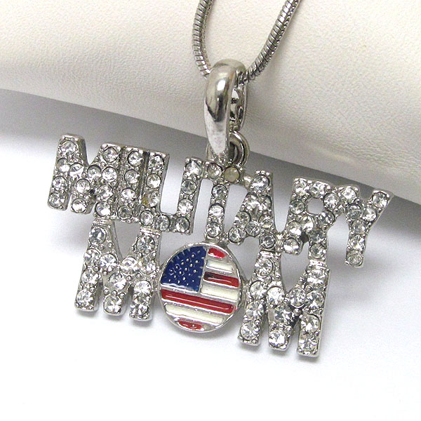 CRYSTAL MILITARY MOM AND AMERICAN FLAG PENDANT NECKLACE