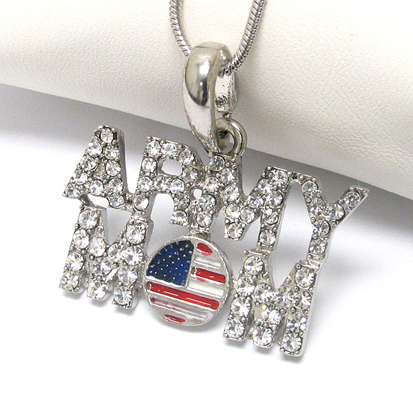 CRYSTAL ARMY MOM AND AMERICAN FLAG PENDANT NECKLACE