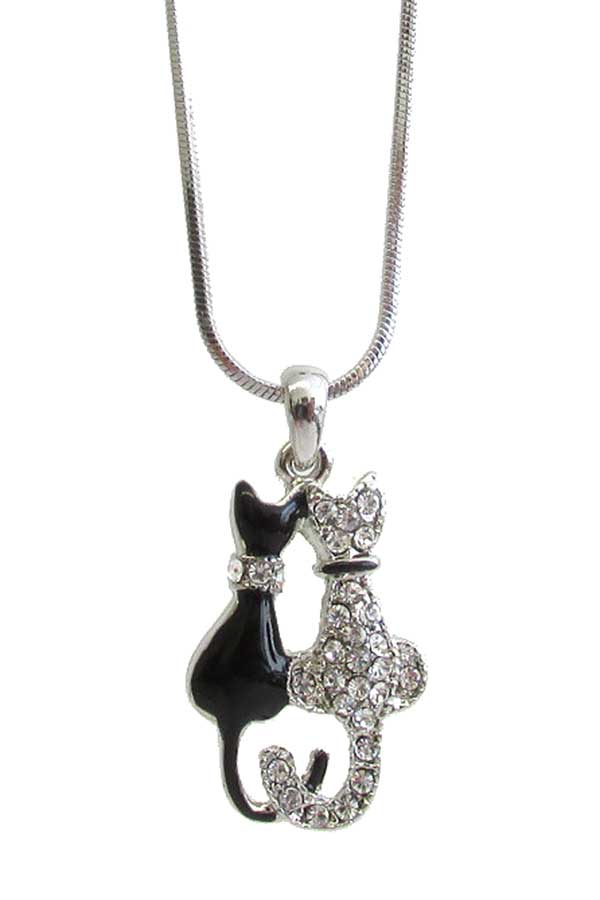 MADE IN KOREA WHITEGOLD PLATING CRYSTAL DOUBLE CAT PENDANT NECKLACE