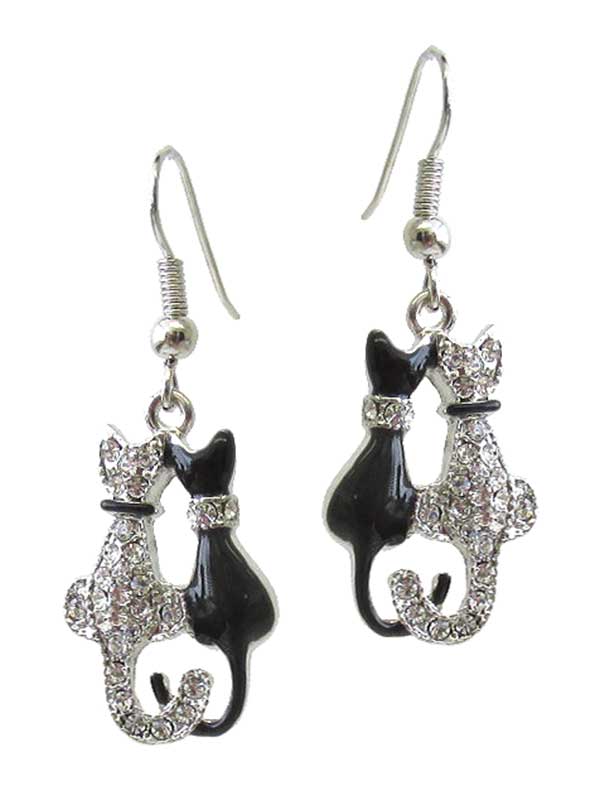 WHITEGOLD PLATING CRYSTAL DOUBLE CAT EARRING