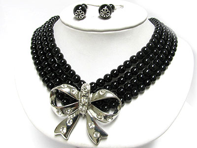 CRYSTAL STUD BOW PENDANT 4 LINE PEARL NECKLACE EARRING SET