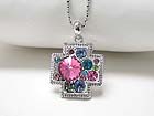 WHITE GOLD PLATING CRYSTAL BUBBLED CROSS PENDANT NECKLACE