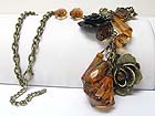 CHUNKY GLASS STONE AND METAL FLOWER DFANGLE LONG CHAIN NECKLACE EARRING SET