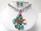 MIXED NATURAL STONE DECO FLEUR DE LIS PENDANT NECKLACE EARRING SET