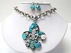 MIXED NATURAL STONE DECO FLEUR DE LIS PENDANT NECKLACE EARRING SET