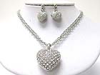 CRYSTAL STUD PUFFY HEART PENDANT NECKLACE EARRING SET
