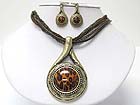ANIMAL PRINT ROUND STONE PENDANT AND MULTI STRAND MIXED CHAIN NECKLACE EARRING SET